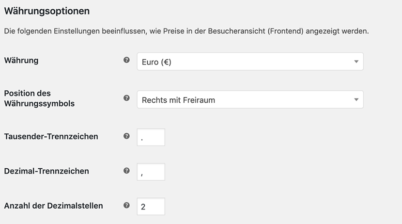 WooCommerce Währungsoptionen