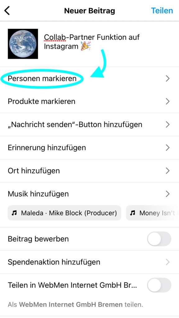 Instagram Collabs (Co-Autor) – Screenshot Person markieren | WebMen Blog