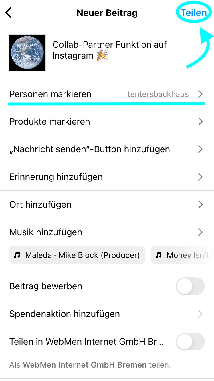 Instagram Collabs (Co-Autor) – Screenshot Collab Post teilen | WebMen Blog