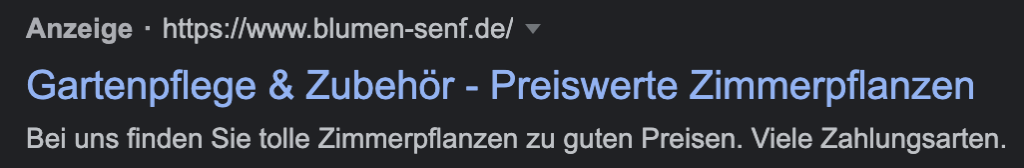 Negativbeispiel für eine CTR freundlichen Anzeigengestaltung