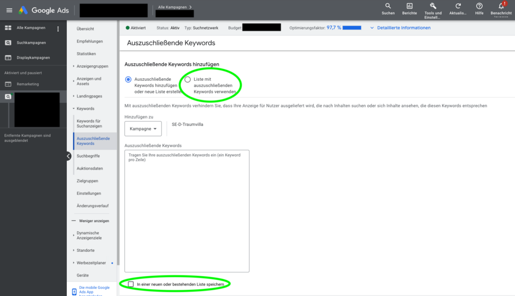 Erste Option um zu den Ausschlusslisten zu gelangen