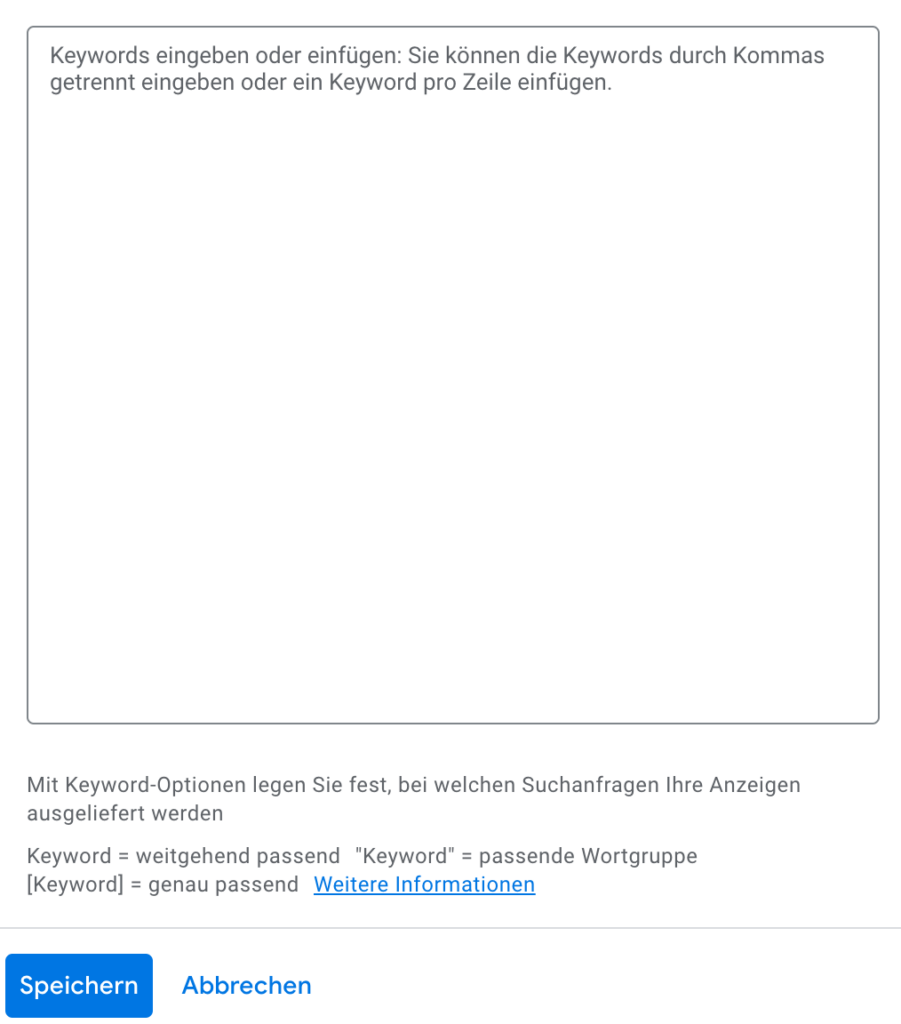 Wenn du ein Keyword eingibst, kannst du zwischen drei verschiedenen Optionen der Auslieferung wählen.