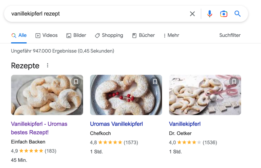 Beispiel für Ergebnisse einer Rezeptsuche. Rezepte können auch als strukturierte Daten ausgewiesen werden.