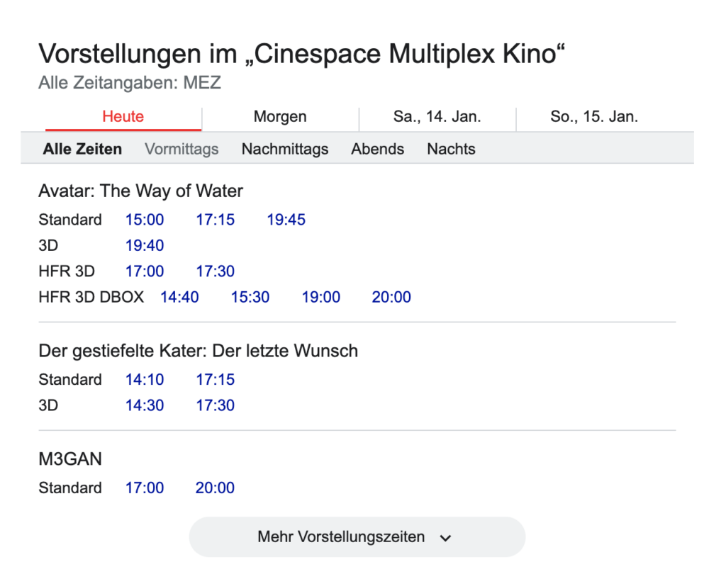 Strukturierte Daten erleichtern die Suche maßgeblich: hier z. B. Vorstellungszeiten im Kino.