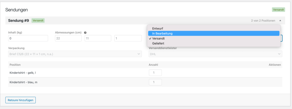 Sendungsstaus Bestellungen WooCommerce