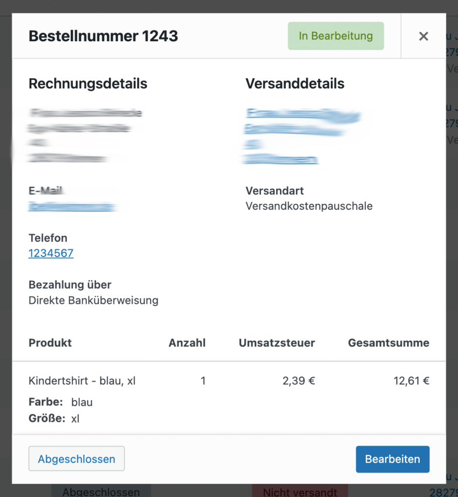 Rechungsdetails Bestellung WooCommerce