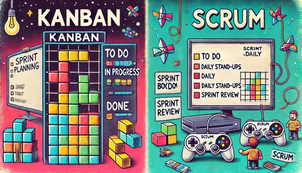 KI-generiertes Bild zu Kanban vs. Scrum: agile Frameworks als Spiele. Kanban als Tetris und Scrum als Konsolen-Spiel. In bunten Farben und unsystematisch mit einigen Begriffen aus den Frameworks beschriftet.